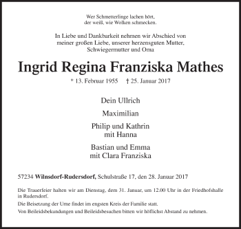 Traueranzeige von Ingrid Regina Franziska Mathes von Siegener Zeitung