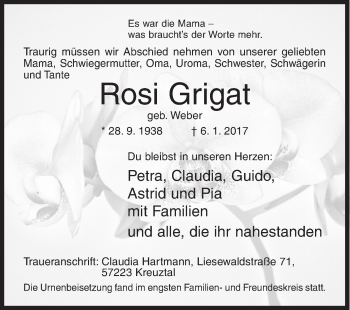 Traueranzeige von Rosi Grigat von Siegener Zeitung