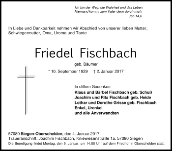 Traueranzeige von Friedel Fischbach von Siegener Zeitung