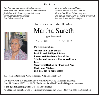 Traueranzeige von Martha Süreth von Siegener Zeitung
