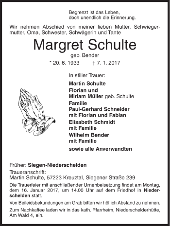 Traueranzeige von Margret Schulte von Siegener Zeitung