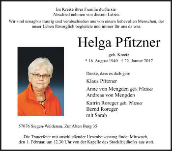Traueranzeige von Helga Pfitzner von Siegener Zeitung