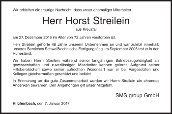 Traueranzeige von Horst Streilein von Siegener Zeitung