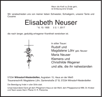 Traueranzeige von Elisabeth Neuser von Siegener Zeitung