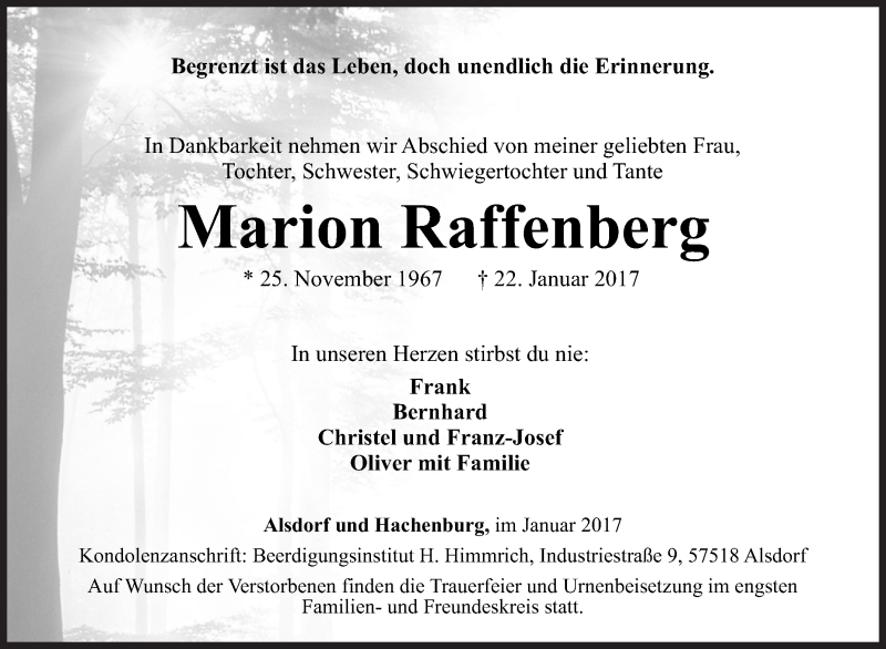  Traueranzeige für Marion Raffenberg vom 24.01.2017 aus Siegener Zeitung