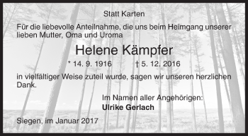Traueranzeige von Helene Kämpfer von Siegener Zeitung