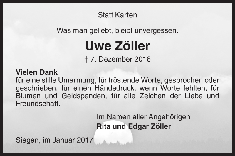  Traueranzeige für Uwe Zöller vom 21.01.2017 aus Siegener Zeitung