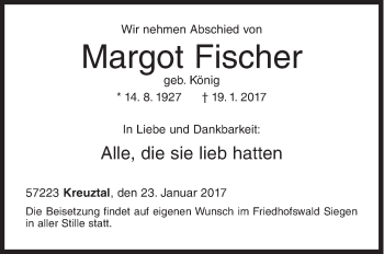 Traueranzeige von Margot Fischer von Siegener Zeitung