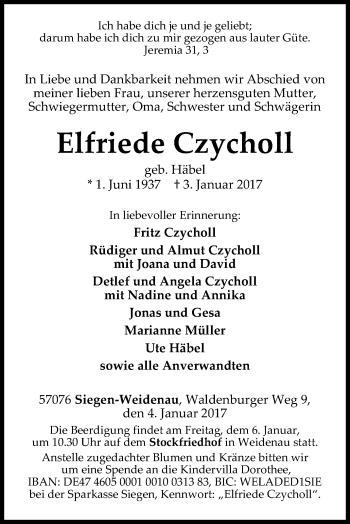 Traueranzeige von Elfriede Czycholl von Siegener Zeitung