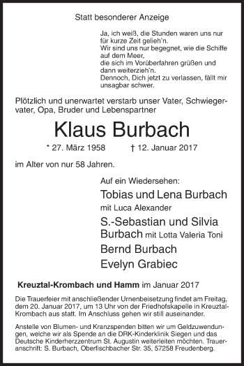 Traueranzeige von Klaus Burbach von Siegener Zeitung