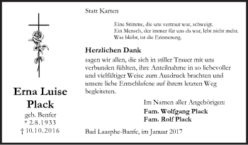 Traueranzeige von Erna Luise Plack von Siegener Zeitung