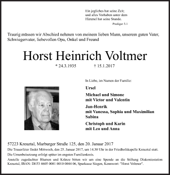 Traueranzeige von Horst Heinrich Voltmer von Siegener Zeitung