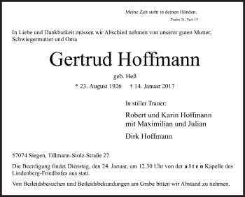 Traueranzeige von Gertrud Hoffmann von Siegener Zeitung