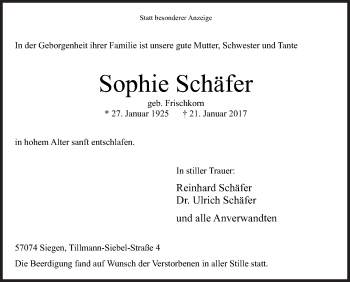 Traueranzeige von Sophie Schäfer von Siegener Zeitung