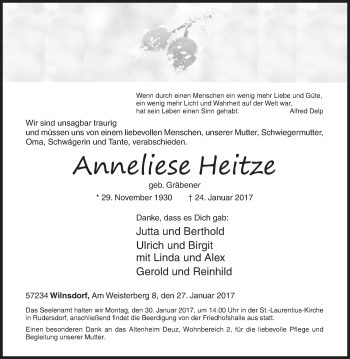 Traueranzeige von Anneliese Heitze von Siegener Zeitung