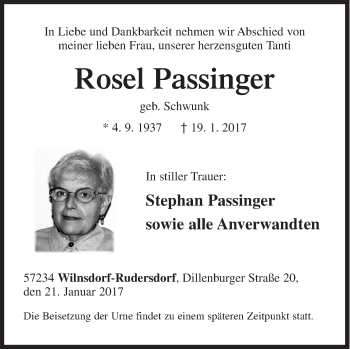 Traueranzeige von Rosel Passinger von Siegener Zeitung