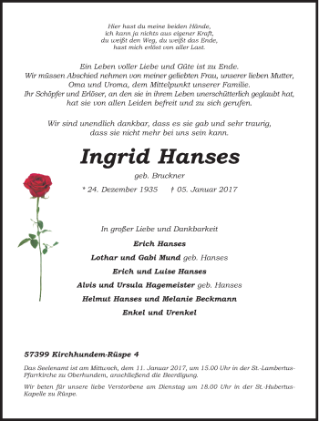 Traueranzeige von Ingrid Hanses von Siegener Zeitung