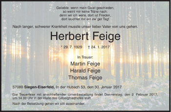 Traueranzeige von Herbert Feige von Siegener Zeitung