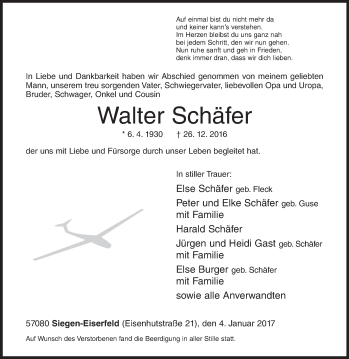 Traueranzeige von Walter Schäfer von Siegener Zeitung