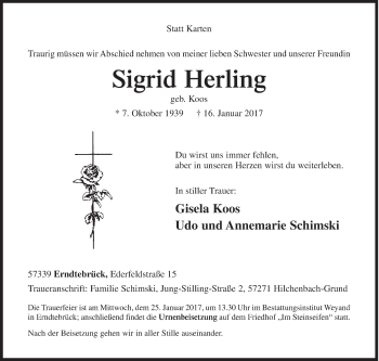 Traueranzeige von Sigrid Herling von Siegener Zeitung