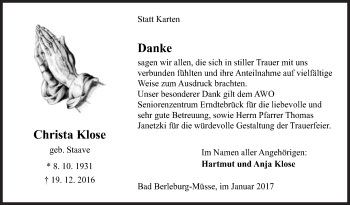 Traueranzeige von Christa Klose von Siegener Zeitung