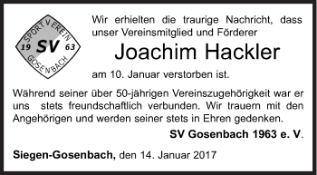 Traueranzeige von Joachim Hackler von Siegener Zeitung
