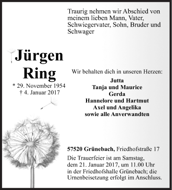 Traueranzeige von Jürgen Ring von Siegener Zeitung