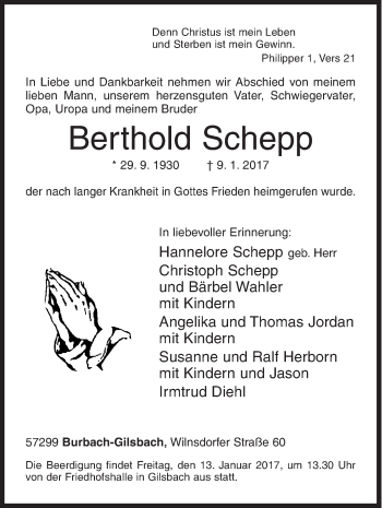 Traueranzeige von Berthold Schepp von Siegener Zeitung