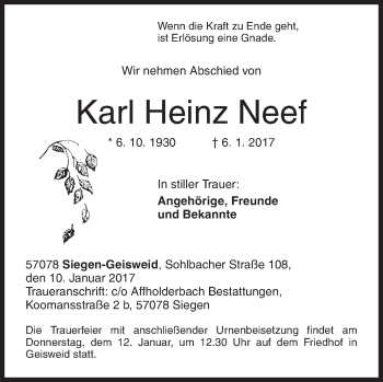 Traueranzeige von Karl Heinz Neef von Siegener Zeitung
