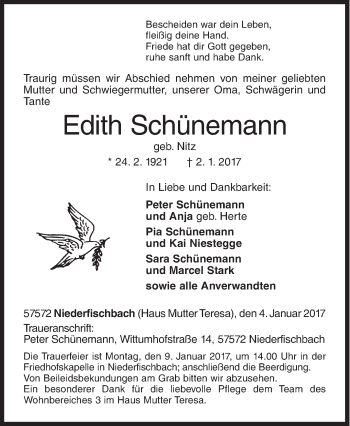Traueranzeige von Edith Schünemann von Siegener Zeitung