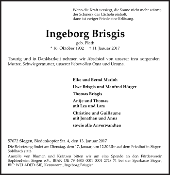 Traueranzeige von Ingeborg Brisgis von Siegener Zeitung