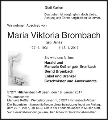 Traueranzeige von Maria Viktoria Brombach von Siegener Zeitung