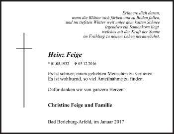 Traueranzeige von Heinz Feige von Siegener Zeitung