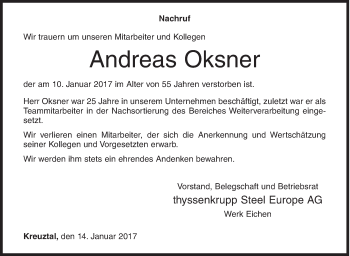 Traueranzeige von Andreas Oksner von Siegener Zeitung