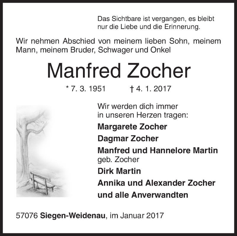  Traueranzeige für Manfred Zocher vom 07.01.2017 aus Siegener Zeitung
