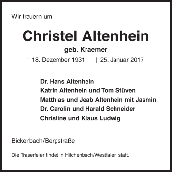 Traueranzeige von Christel Altenhein von Siegener Zeitung