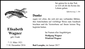 Traueranzeige von Elisabeth Wagner von Siegener Zeitung