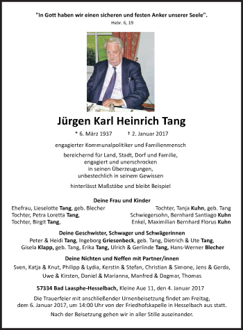 Traueranzeige von Jürgen Karl Heinrich Tang von Siegener Zeitung