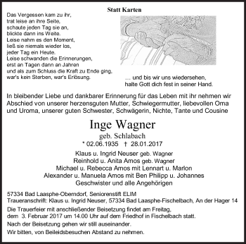 Traueranzeige von Inge Wagner von Siegener Zeitung