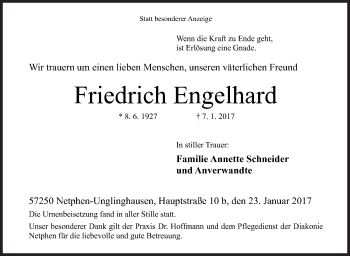Traueranzeige von Friedrich Engelhard von Siegener Zeitung