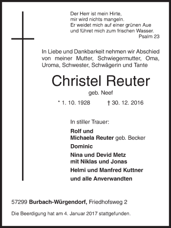 Traueranzeige von Christel Reuter von Siegener Zeitung