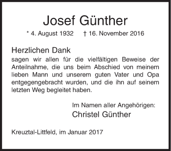 Traueranzeige von Josef Günther von Siegener Zeitung