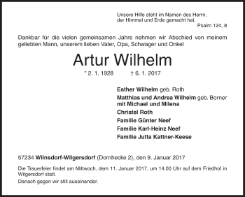 Traueranzeige von Artur Wilhelm von Siegener Zeitung