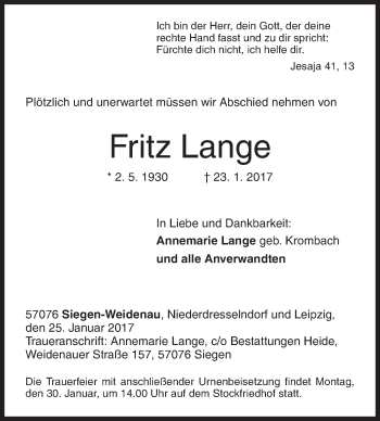 Traueranzeige von Fritz Lange von Siegener Zeitung