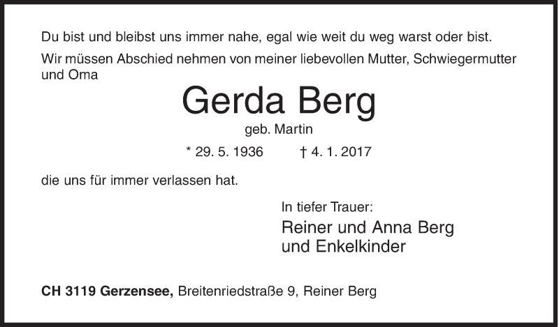  Traueranzeige für Gerda Berg vom 07.01.2017 aus Siegener Zeitung