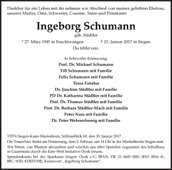 Traueranzeige von Ingeborg Schumann von Siegener Zeitung