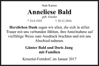 Traueranzeige von Anneliese Bald von Siegener Zeitung