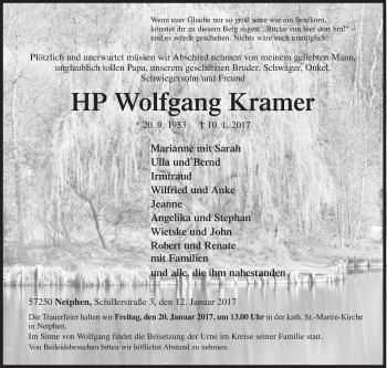 Traueranzeige von HP Wolfgang Kramer von Siegener Zeitung