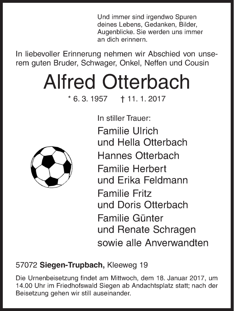  Traueranzeige für Alfred Otterbach vom 13.01.2017 aus Siegener Zeitung