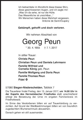 Traueranzeige von Georg Peun von Siegener Zeitung